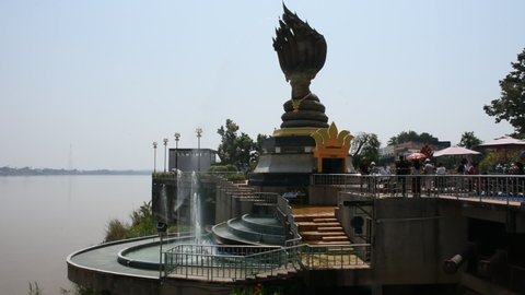 NAKHON PHANOM, THAILAND - OCTOBER 2 : Naka 9 head big statue at riverside of Mekong for foreign traveler and thai people travel visit and respect praying on October 2, 2019 in Nakhon Phanom, Thailand