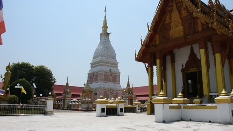 NAKHON PHANOM, THAILAND - OCTOBER 2 : Pagoda or Stupa of Wat Phra That Renu Nakhon for foreign traveler and thai people travel visit and respect praying on October 2, 2019 in Nakhon Phanom, Thailand