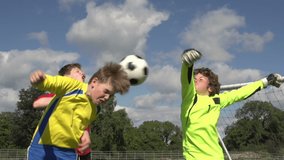 Boys playing soccer / football outdoors on a sunny day. One child heads the ball past the young goalkeepr. Slow motion - Powered by Shutterstock - Get 15% off with code: PIKWIZARD15