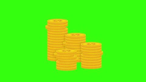 Stacks of gold coins grow up animation with alpha channel. Green screen with Luma Matte. 2D business video for finance, banking and stock market, forecasting and economic. Financial infographic.