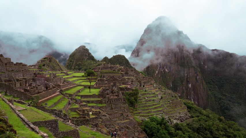Timelapse, panoramic view of the Machu Picchu inca citadel. This site is considered one of the 7 wonders of the world.
