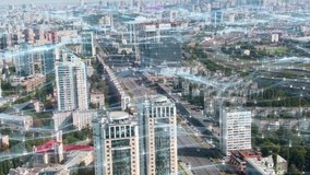 Modern City covered with Internet 5g Mobile Digital Technology. Aerial view of Kyiv Connected through Wireless Network. Plexus spreading data communication, cloud, AI, internet of things. Futuristic - Powered by Shutterstock - Get 15% off with code: PIKWIZARD15