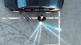 Businessman Connecting to Global Network through Technology Lines Flying into Digital Communication Space from Smart Phone. Visualization of Modern Information Cloud Data. Aerial Iot Drone Shot - Powered by Shutterstock - Get 15% off with code: PIKWIZARD15