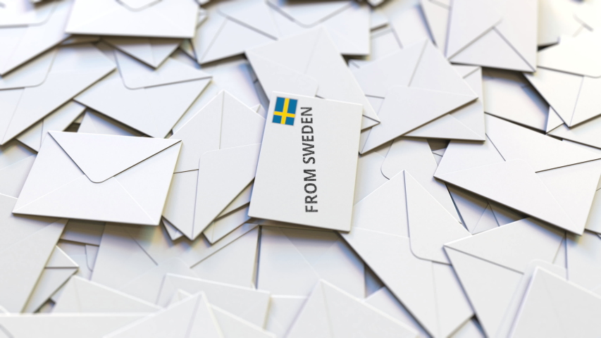 Envelope with From Sweden stamp among other envelopes. International mail related conceptual 3D animation