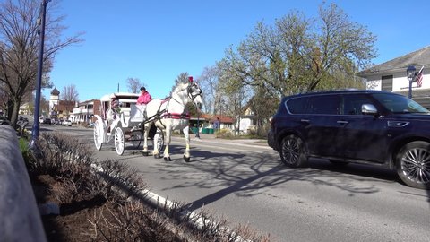 Frankenmuth, Michigan / USA - 05 10 2019 : Horse Drawn Carriage White Horse White Carriage Going Down Street