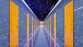 3d video transition - moving through a doors hall corridor of stars in space and Universe. The last door opens and reveal the green screen