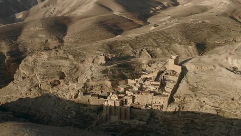 Mar Saba monastery in the southern mountains of Israel, 4k aerial drone view