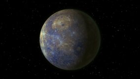 Beautiful planet Mercury rotates in stellar black space, stars, 3D, video, 4K