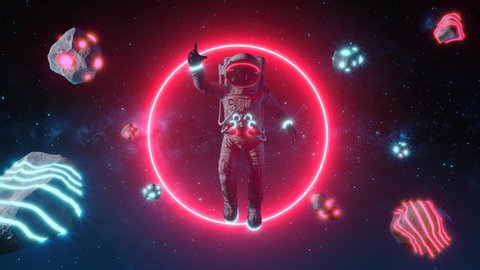 Astronaut With Neon Lights Asteroids In Space. Space Background. Retro Dance Party. Seamless Loop