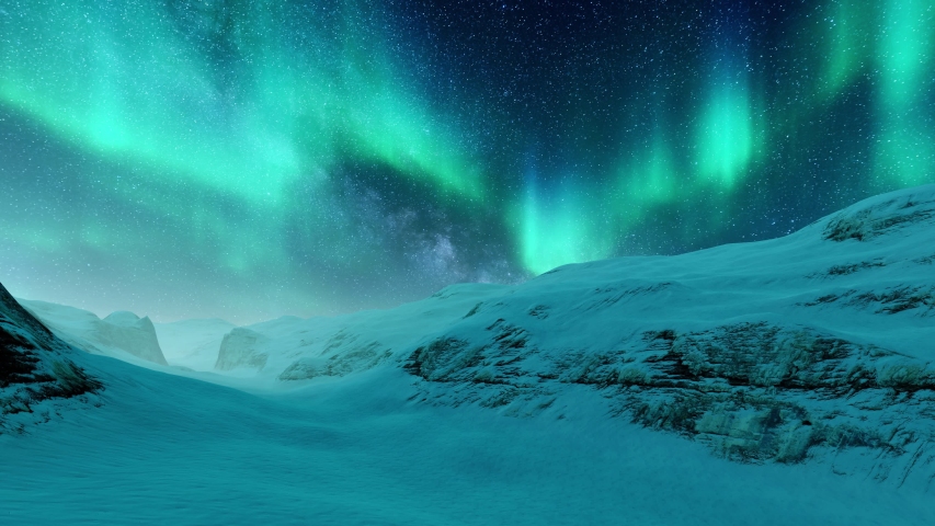 Peaceful winter landscape with Northern Lights Aurora Borealis in a starry arctic sky over desolate snowy mountains at calm polar night. Scenic natural background 3D animation rendered in 4K Royalty-Free Stock Footage #1044744796