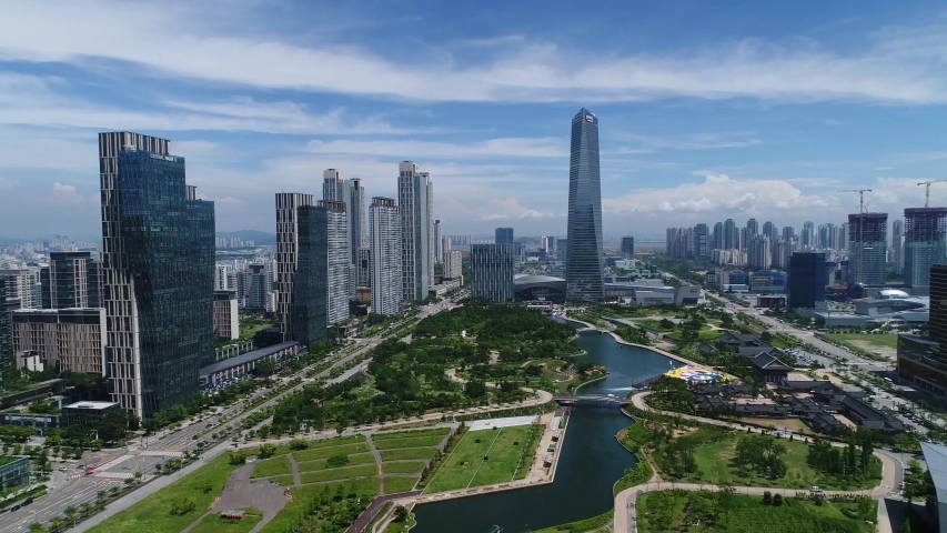 Aerial Of Songdo Central Park, Incheon, South Korea | Shutterstock HD Video #1044756040