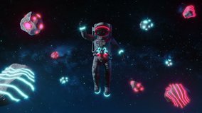 Astronaut With Neon Lights Asteroids In Space. Space Background. Retro Dance Party. Seamless Loop