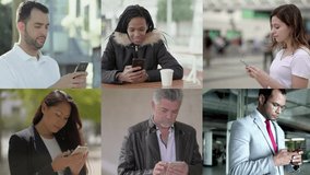 Young and mature people texting via smartphones. Split screen collage of of diverse multiracial men and women texting and browsing via cell phones. Technology concept