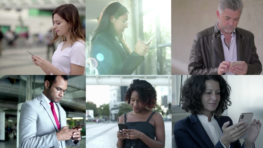 Various men and women using mobile phones. Split screen collage of diverse multiracial people texting and browsing via cell phones. Connection concept