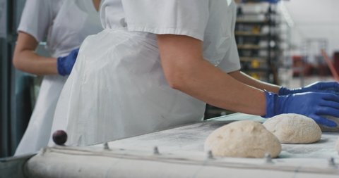 Bakery industry professional baker take the raw bread and load on the shelf to be ready to load in the industrial oven machine