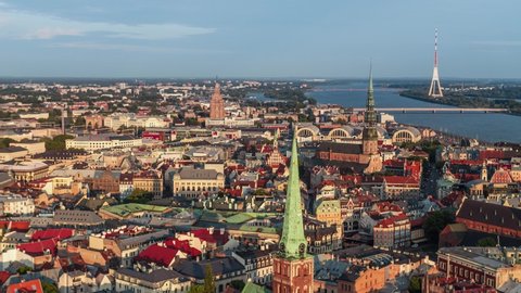 Establishing Aerial Bird Eye View Shot of Riga, Riga Skyline, Latvia