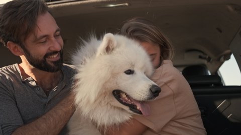 A happy smiling couple man and woman are petting and hugging a dog while sitting in the car trunk Video de stock