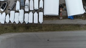 Boats For Sale In Boat Dealership Aerial Flyover From Road To Dealership