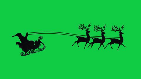 Santa Claus on a Reindeer Sleigh Flying on a Green Background, Second with Contour Light for the Night Flight. Seamless Looping, Included matte clip for alpha channel, Merry christmas.