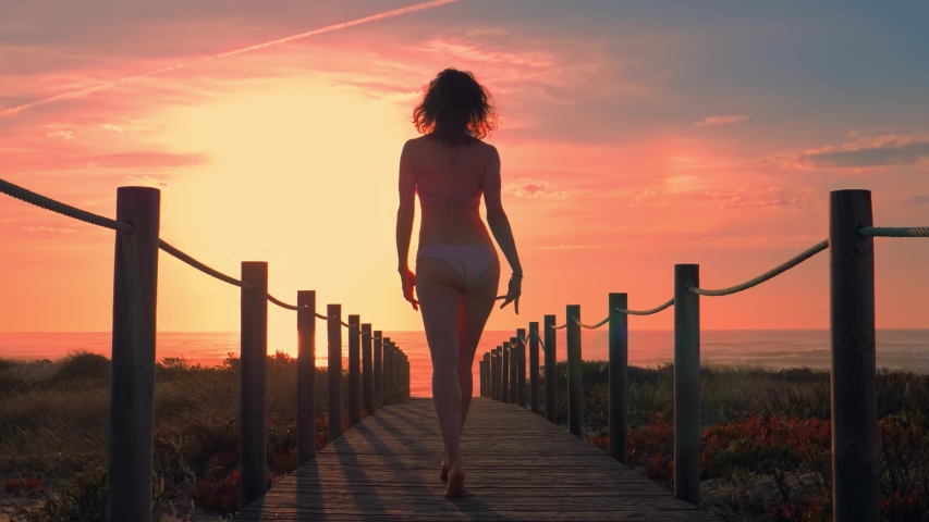 Beautiful young woman silhouette in a wooden foot bridge at the beach at sunset