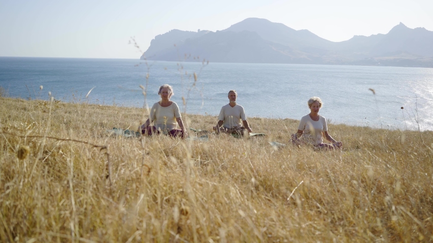 Group of senior people doing yoga exercises at the mountain. Elderly man and two woman sitting on the dry grass meadow at sunny day while meditation in lotus pose against sea and mountains on horizon Royalty-Free Stock Footage #1044804565