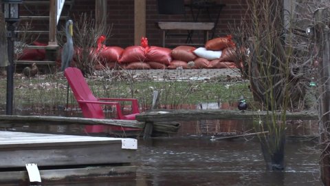 Muskoka, Ontario, Canada April 2019 Spring flooding floods town during snow melt and heavy rain