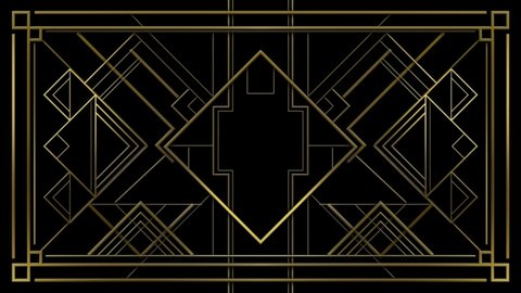 Gatsby Art deco 20's style animated pattern. Gold modern early 20th century ornament builds up and appears on black background. Geometric elegant abstract with glamorous shiny lines with flare