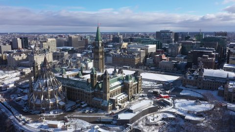 Aerial view of Parliament Hill Canadian government buildings and office of the prime minister. The Peace tower is the tallest building in Ottawa and can be seen from the entire Capitol city