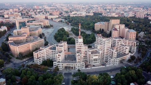 Aerial footage of Kharkiv city from the Sky. The Derzhprom or Gosprom building