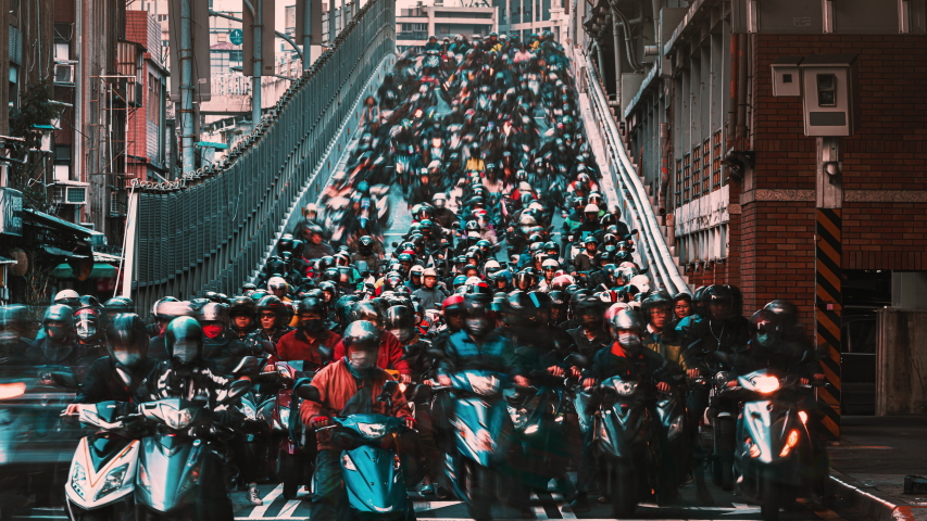 8K Timelapse of Motorcycle Waterfall, Crowed of people are riding scooters on Taipei Bridge in Taiwan Royalty-Free Stock Footage #1044828199