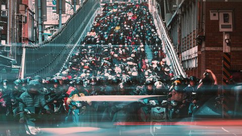 8K Timelapse of Motorcycle Waterfall, Crowed of people are riding scooters on Taipei Bridge in Taiwan