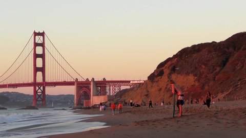 The Golden Gate Bridge as seen from Baker Beach at sunset, San Francisco, California, USA, 2018