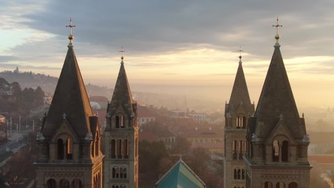 Aerial view of Cathedral of Pecs, Hungary