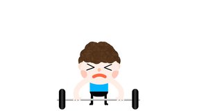Funny cartoon animation little boy kid lifting weight. Man doing workout training exercise at gym club center. Get healthy fit body, lose fat, increase stronger muscle. Falling confetti. 4K resolution