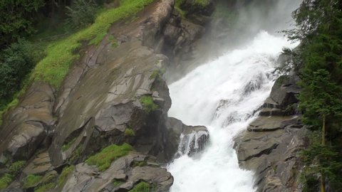 Closeup View of Krimml Waterfall in Austria. Slow Motion Footage