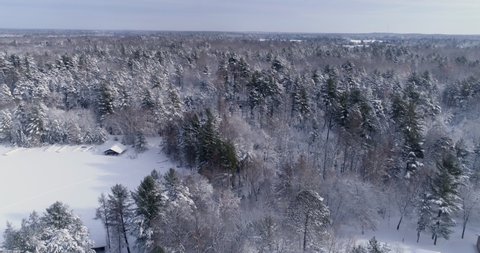 Aerial above winter forest and lake covered by fresh snow in Minocqua, Wisconsin