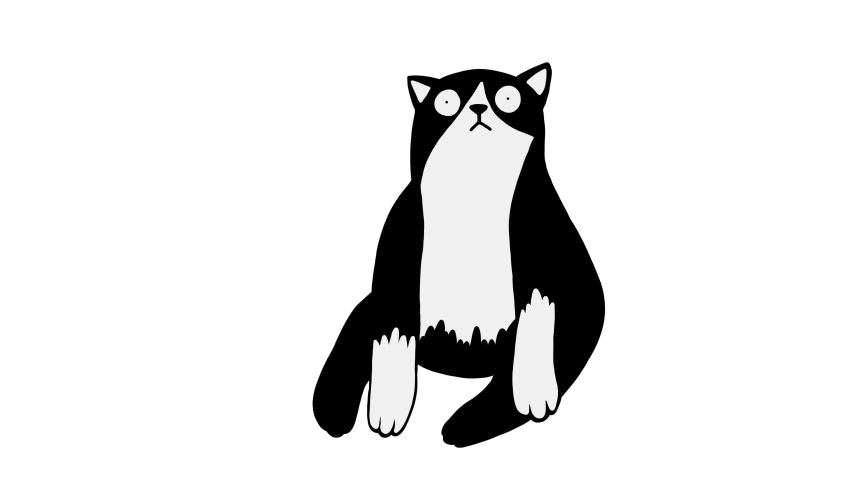 Hand drawn cartoon animation. Black cat sits like human and his eyes became bigger and smaller. Funny humanise cat`s emotion. Emotion of surprise.