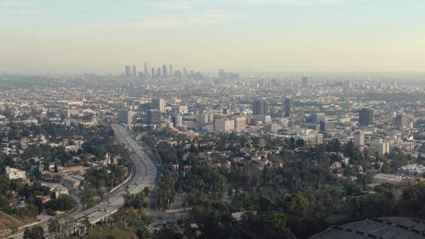 Los Angeles from Hollywood Aerial Establish Shot.California USA