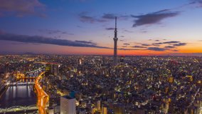 Aerial view Hyper lapse 4k Video of Tokyo sky tree and Tokyo  city on sunrise at Tokyo, Japan. 
