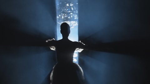 Ballerina enters the stage. Beginning of performance or show, curtain opening. Ballet dancer jumping, spotlight shines, audience applauding, smoke clears. Anamorphic lens