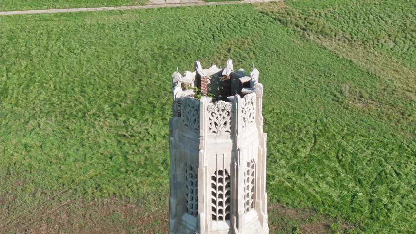 Aerial: Belle Isle park and Nancy Brown Peace Carillon Tower. Detroit, Michigan, USA 