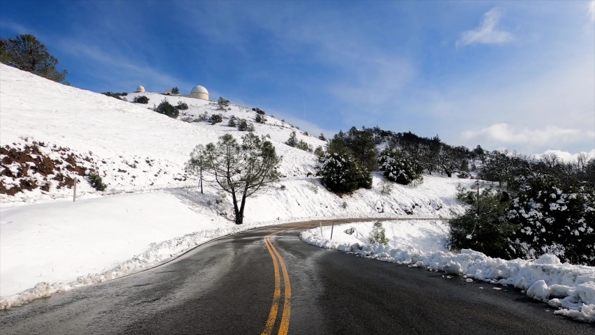 Snowy winter day on top of Mount Hamilton, in the Diablo mountain range; South San Francisco Bay Area, California