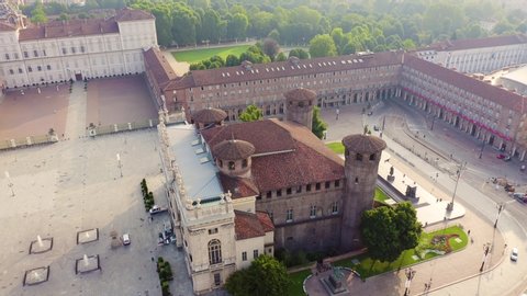 Turin, Italy. Flight over the city. Historical center, top view. Palazzo Madama, Aerial View, Point of interest
