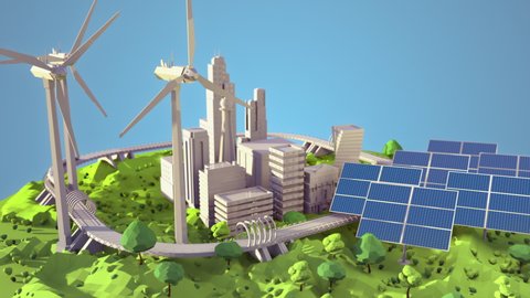 Animation of energy efficient future city with solar panels and wind turbines. Great for presentations on green energy and saving the planet. 
