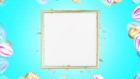 Happy easter template with gold ribbon, frame and colored eggs, gradient blue background and gold confetti. With mask wirecolor. 3D Render. - Powered by Shutterstock - Get 15% off with code: PIKWIZARD15