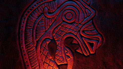 Old Norse Dragon Rock Carving Lit Up