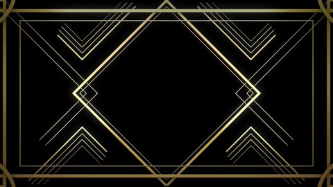 Infinite Looped Gatsby Art deco 20's style animated Frame Tunnel. Gold modern early 20th century ornament builds up and appears on black background. Glamorous template for opener, titles or text