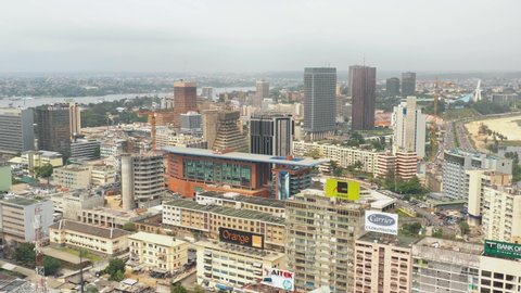 Abidjan, Ivory Coast - 2019: forward drone aerial view above the Plateau, city center