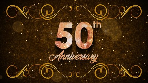 Brown Gold Wooden Texture 50th Anniversary Text Reveal With Growing Golden Vine Flourish Decorative Frame And Glitter Dust Fly In The Wind On Glittery Sand Animation, Last 10 Seconds Seamless Loop