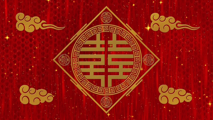 Lunar New Year, Spring Festival background with Double Happiness, simbol, clouds, glittering stars. Chinese new year red paper backdrop for event. 3D rendering animation. Seamless loop 4k video